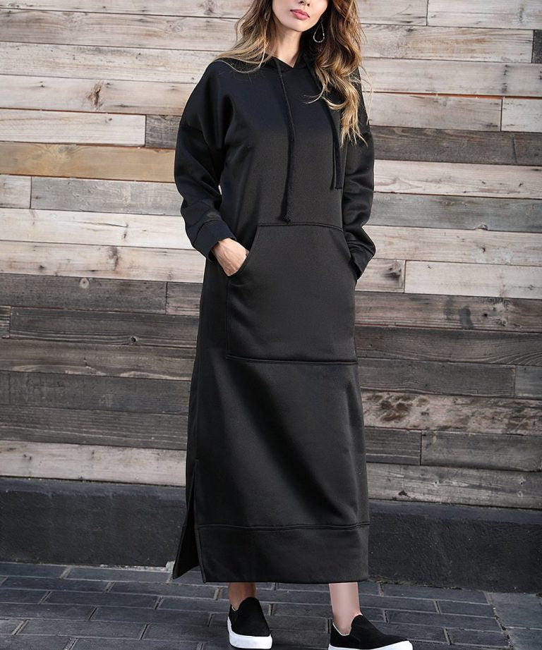 Women's long hooded sweat dress with kangaroo pocket, side slits and loose oversized fit Mune Fashion