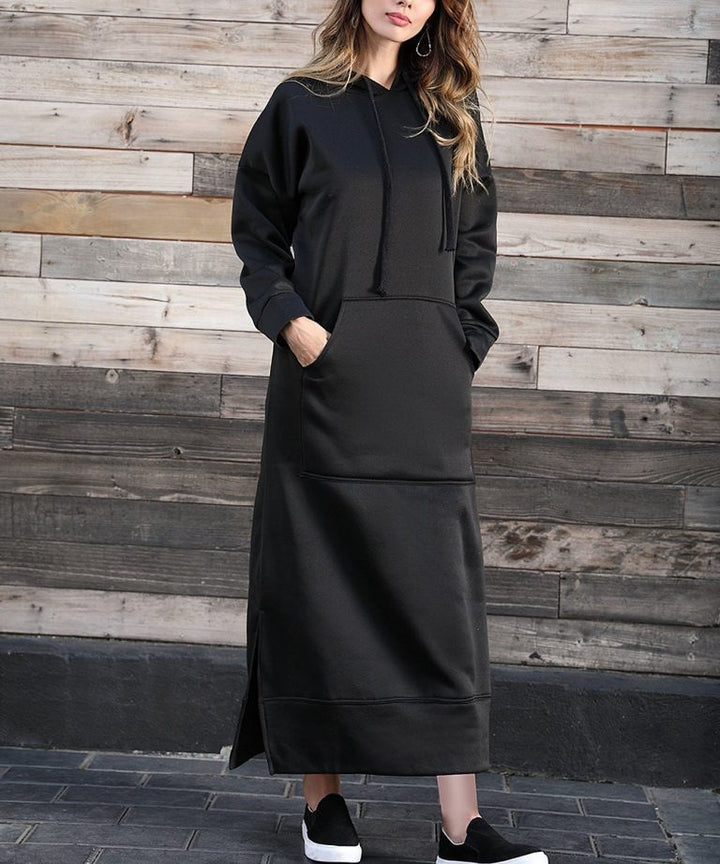 Women's long hooded sweat dress with kangaroo pocket, side slits and loose oversized fit Mune Fashion