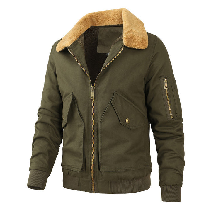 Men's canvas bomber jacket in work jacket style with warming lamb fleece collar and multiple pockets Mune Fashion