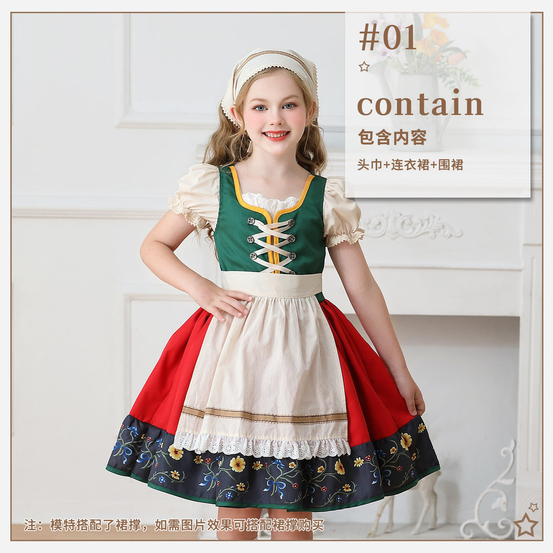 Ladies' traditional children's dirndl dress with decorative lacing apron and lace headscarf Mune Fashion
