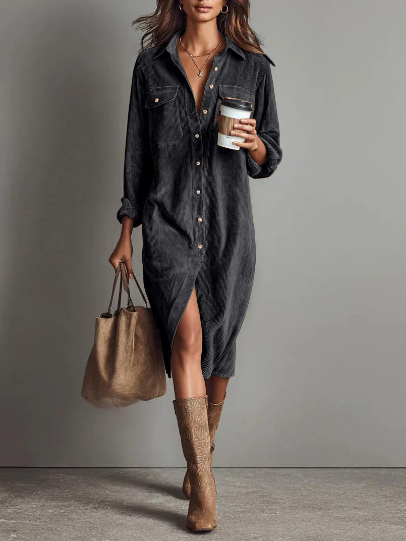 Women's shirt dress made of corduroy with breast pockets, button placket and slit Mune Fashion