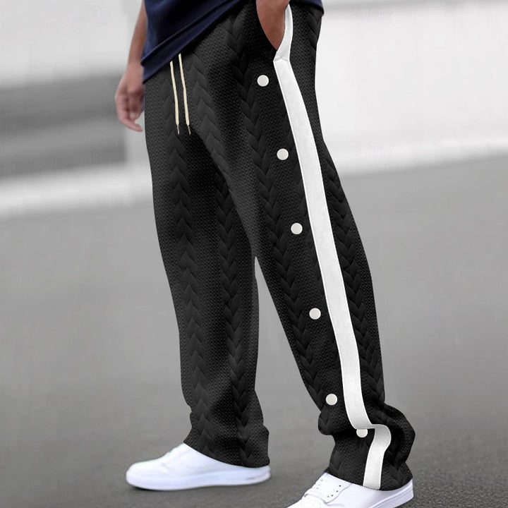 Men's quilted casual pants with continuous snap button placket and contrast stripes Mune Fashion