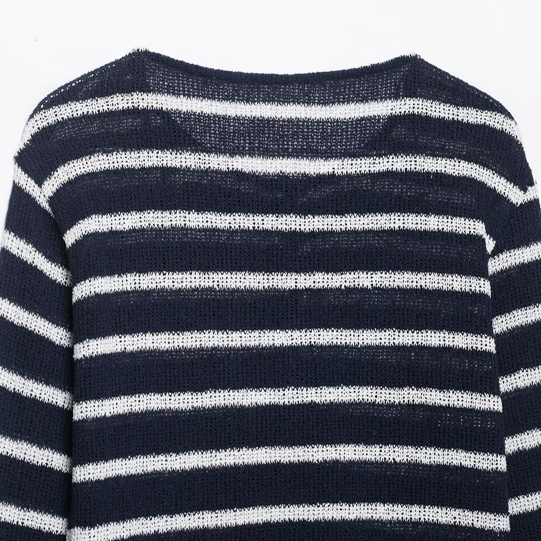 Women's striped sweater with button placket and lightweight textured knit Mune Fashion