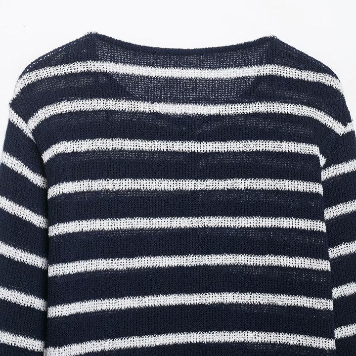 Women's striped sweater with button placket and lightweight textured knit Mune Fashion