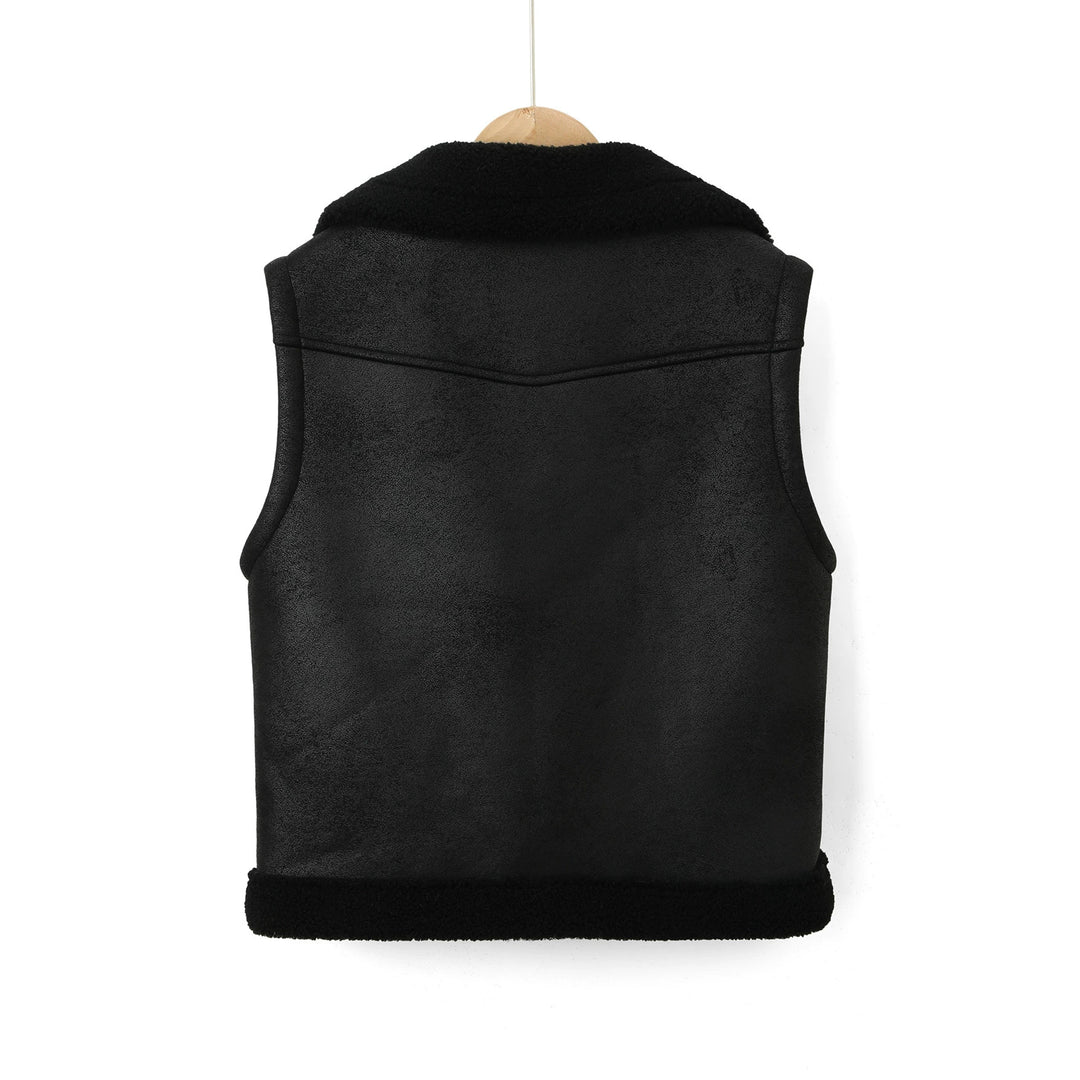 Women's Sleeveless Biker Vest in Shearling Look with Waist Belt Mune Fashion