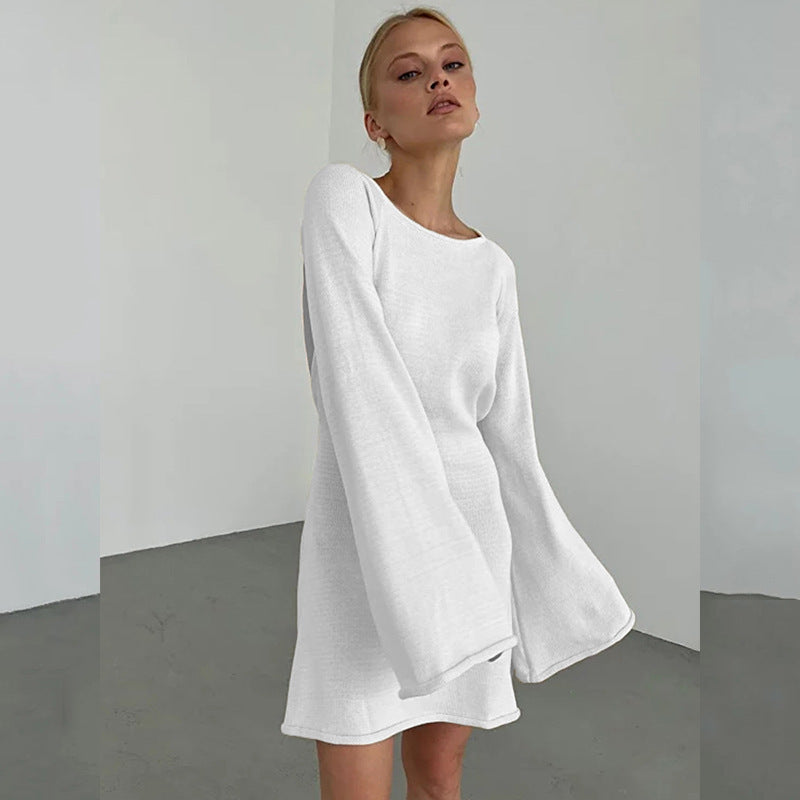 Ladies Figure-Hugging Fine Knit Mini Dress with Flared Trumpet Sleeves Mune Fashion