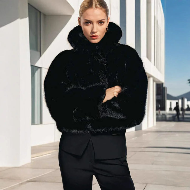 Women's Short Hooded Faux Fur Jacket with Dense Pile, Boxy Silhouette and Elastic Hem Mune Fashion