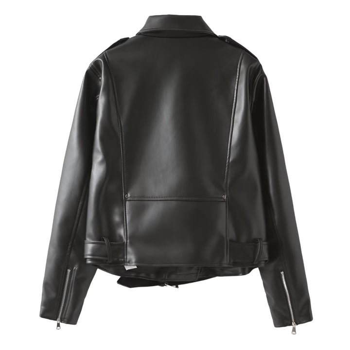 Women's biker jacket made of vegan leather look with waist belt and asymmetrical zipper Mune Fashion