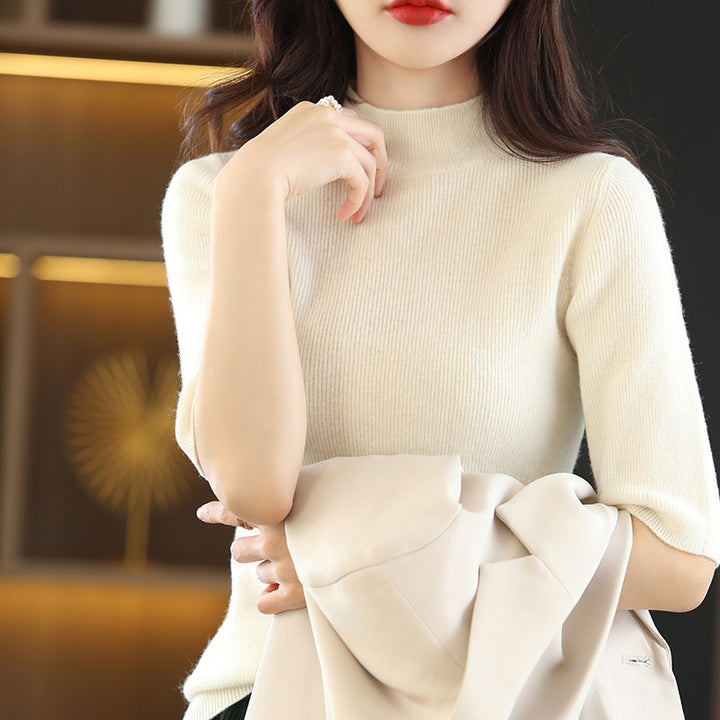 Women's Short Sleeve Fine Knit Sweater with Stand-Up Collar and Tailored Fit Mune Fashion