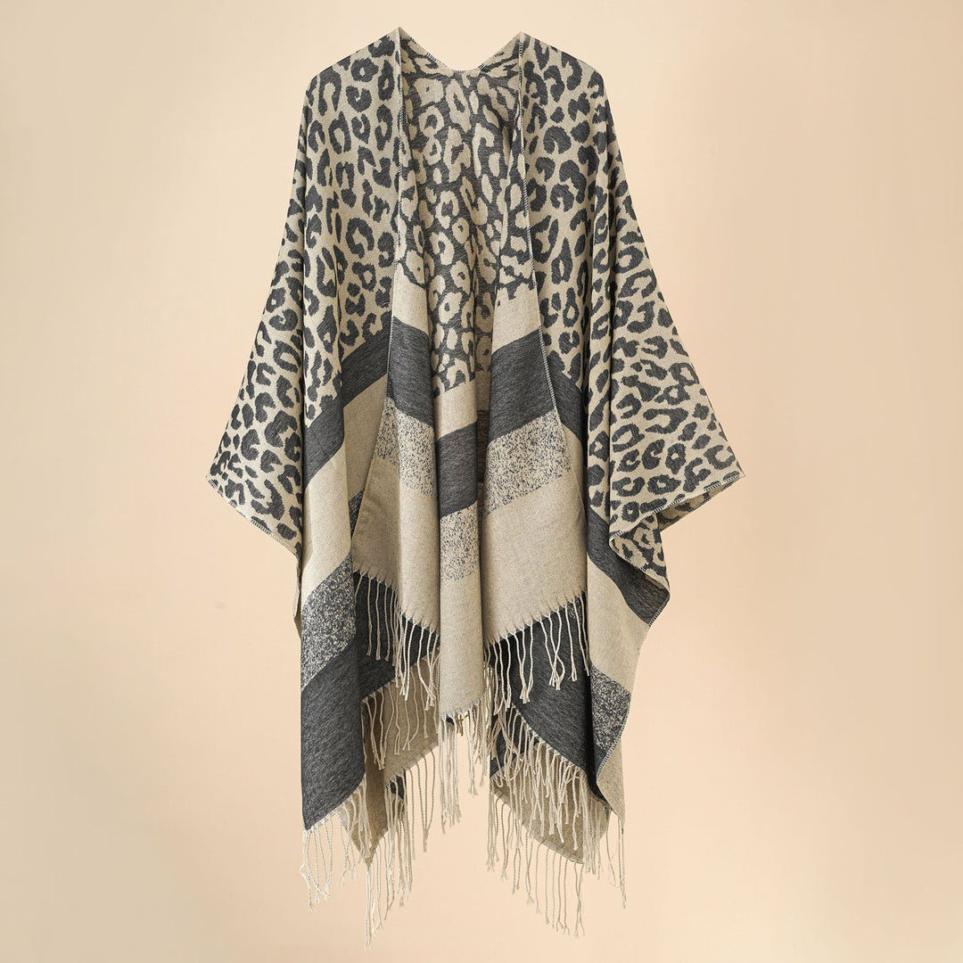 Women's Oversized Ruana with Leo Jacquard, fringes, and soft wool blend Mune Fashion