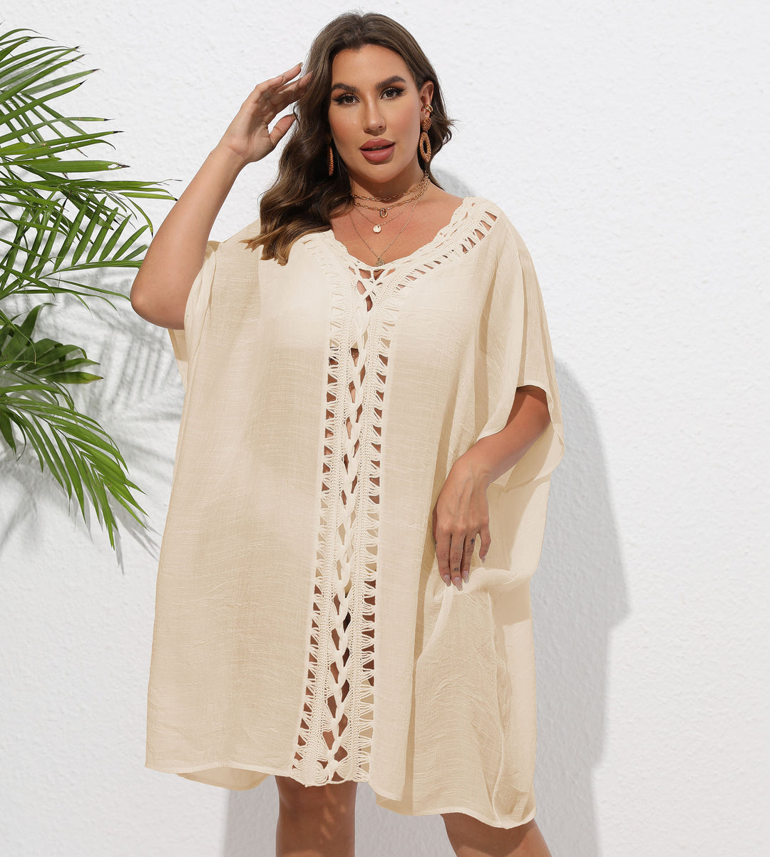 Women Airy Beach Kimono with Decorative Crochet Lace Mune Fashion