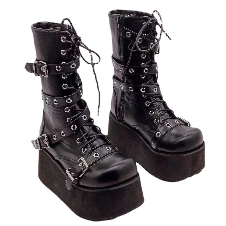 Women’s high-calf Gothic platform boots with multiple metal buckles, eyelets, and side zipper Mune Fashion