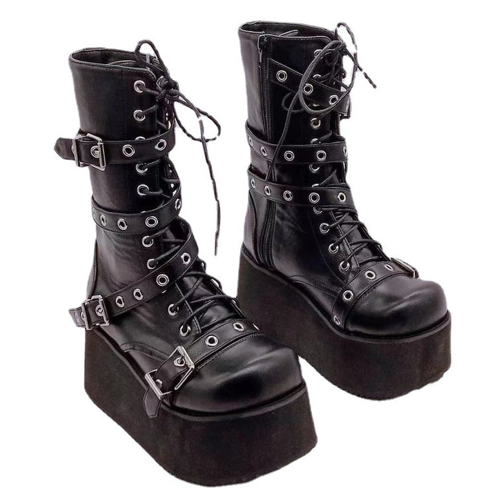 Women’s high-calf Gothic platform boots with multiple metal buckles, eyelets, and side zipper Mune Fashion