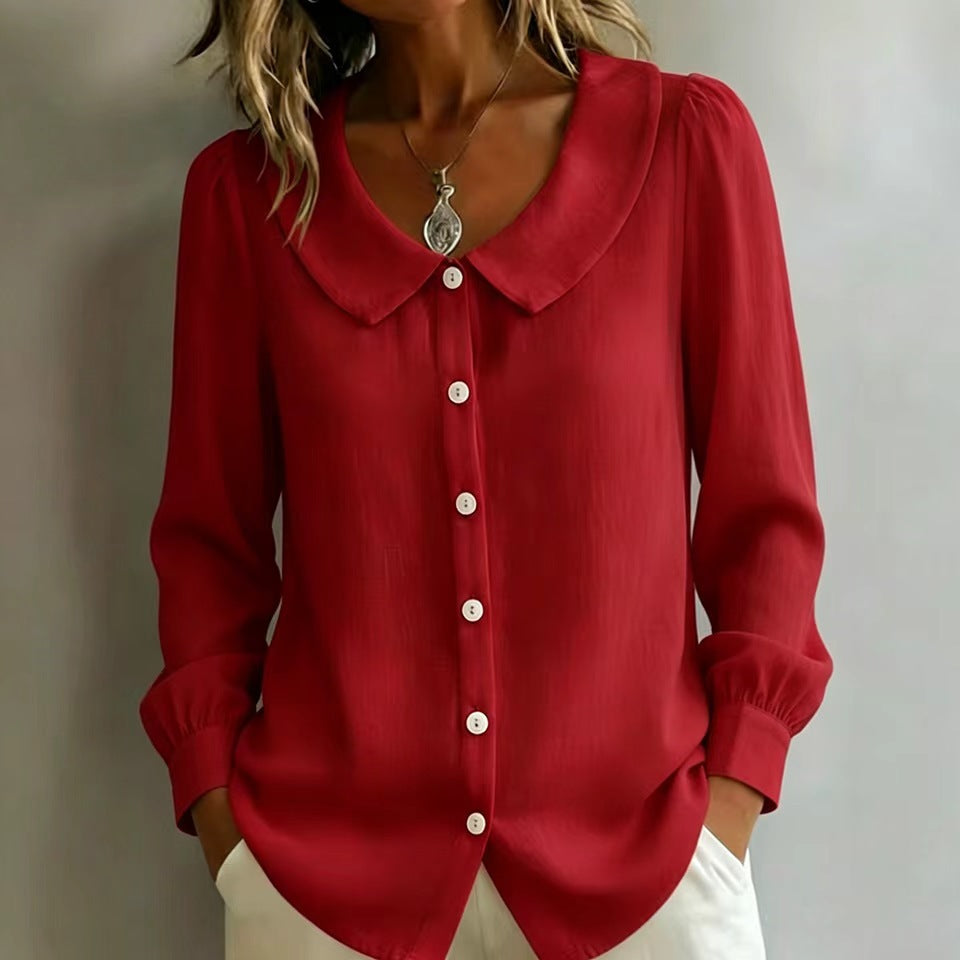 Women Loose Fit Blouse with Round Collar, Puff Sleeves and Pearl Button Placket Mune Fashion