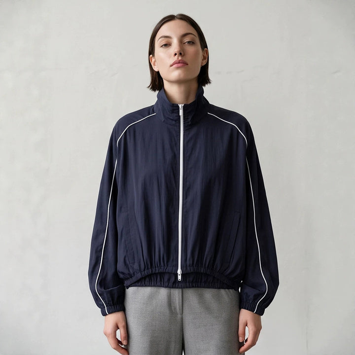 Women's Lightweight Sports Track Jacket with Stand-up Collar, Contrast Piping and Elastic Waistband Mune Fashion