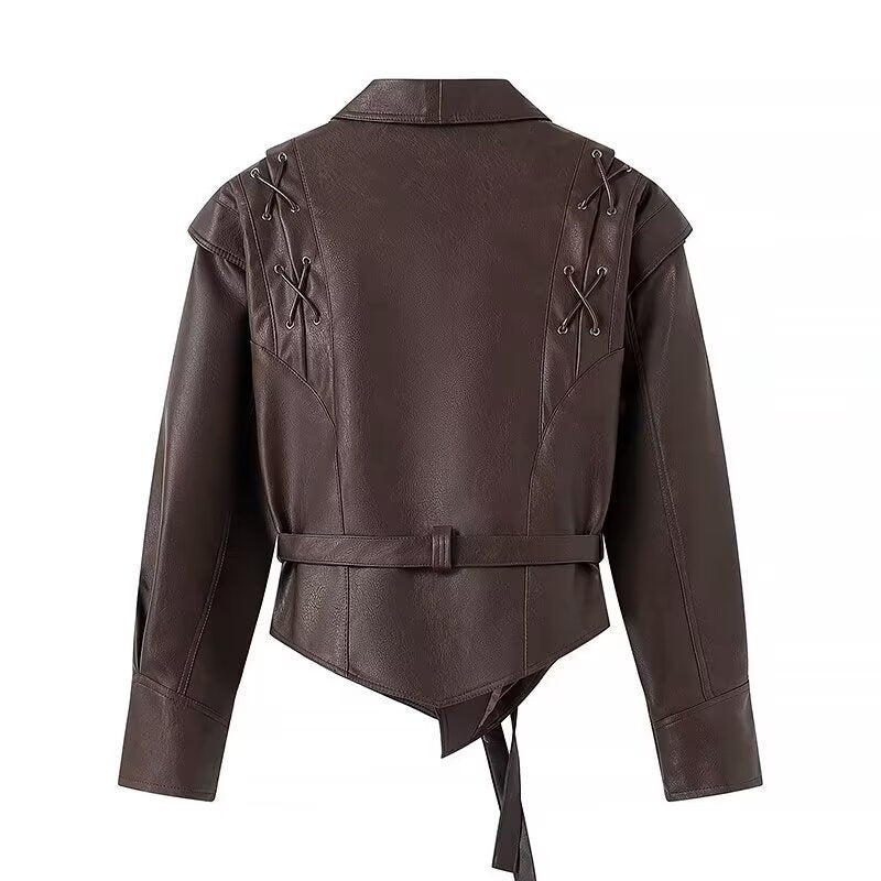 Women Short Blazer Leather Jacket with Shawl Collar, Waist Belt and Lacing Detail Mune Fashion