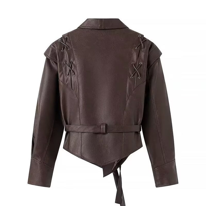 Women Short Blazer Leather Jacket with Shawl Collar, Waist Belt and Lacing Detail Mune Fashion