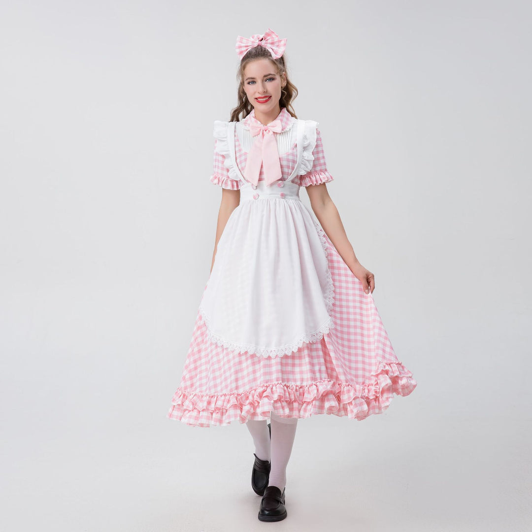 Women's vintage-inspired checked swing dress with detachable apron, ruffled sleeves, and bow collar Mune Fashion