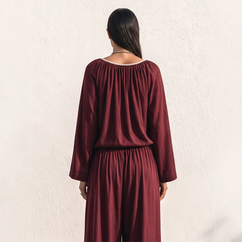 Ladies Flowing Two-Piece Loungewear Set in Silk Look with Wide Palazzo Pants and Gathered Tunic Mune Fashion