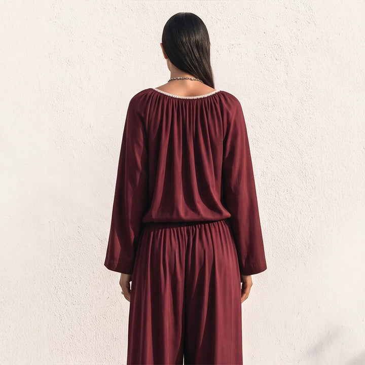 Ladies Flowing Two-Piece Loungewear Set in Silk Look with Wide Palazzo Pants and Gathered Tunic Mune Fashion