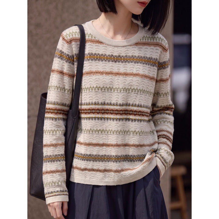 Women's Lightweight Round Neck Sweater in Norwegian Stripe Design with Structured Eyelet Optics Mune Fashion
