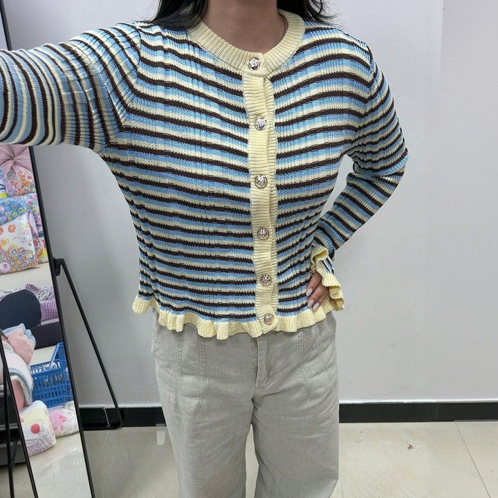 Women Ribbed Short Cardigan with Ruffle Cuffs & Statement Buttons Mune Fashion