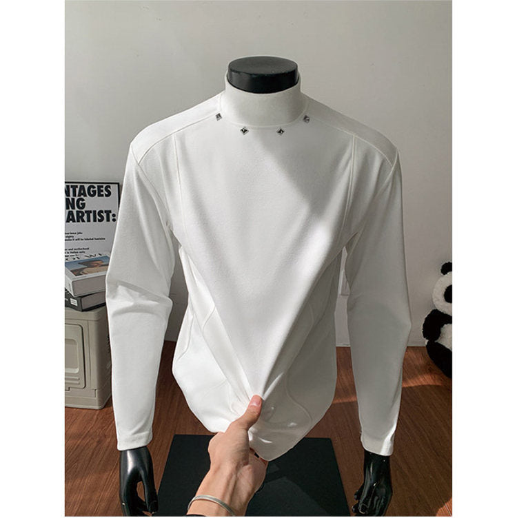 Men's Rollneck Fine Knit Shirt with Metal Studs at the Collar and Slim Silhouette Mune Fashion