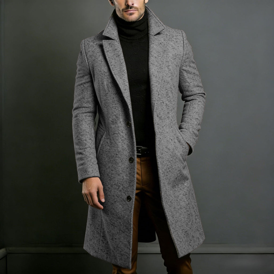 Men's Longer Tailored Wool Coat with Lapel Collar and Flap Pockets Mune Fashion