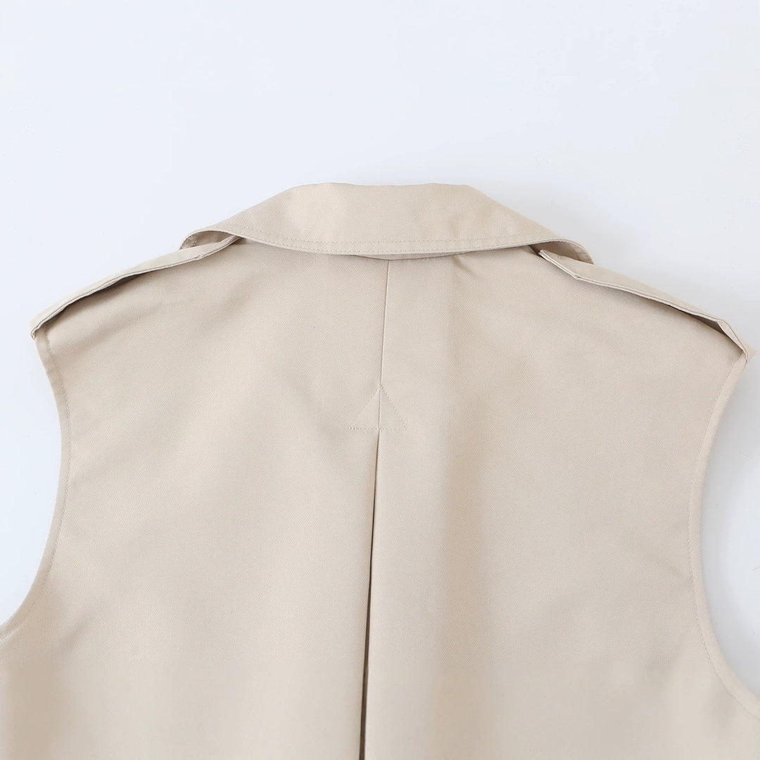 Women's Sleeveless Double-Breasted Trench Vest with Notched Lapel and Waist Belt Mune Fashion