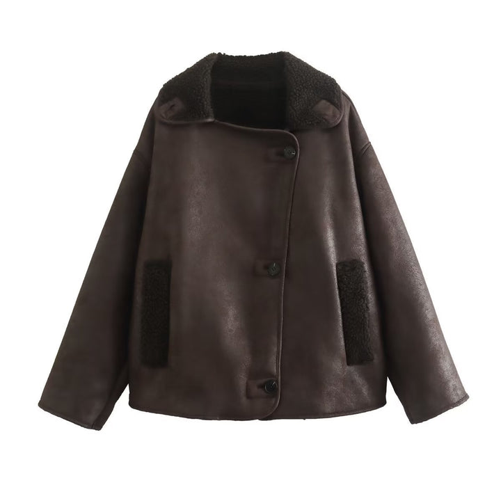 Women Short Jacket in Lambskin Look with Teddy Lining and Button Placket Mune Fashion