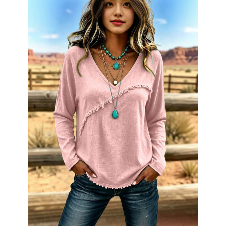 Women's Casual V-Neck Long Sleeve Shirt with Diagonal Fringed Trim and Textured Fabric Mune Fashion