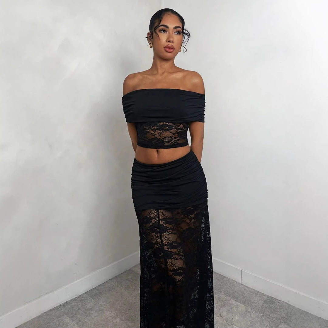 Women nan maxi skirt with gathered mini inner slip and floral lace overlay Mune Fashion