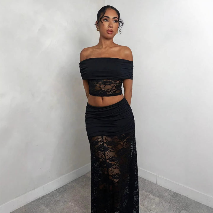 Women nan maxi skirt with gathered mini inner slip and floral lace overlay Mune Fashion