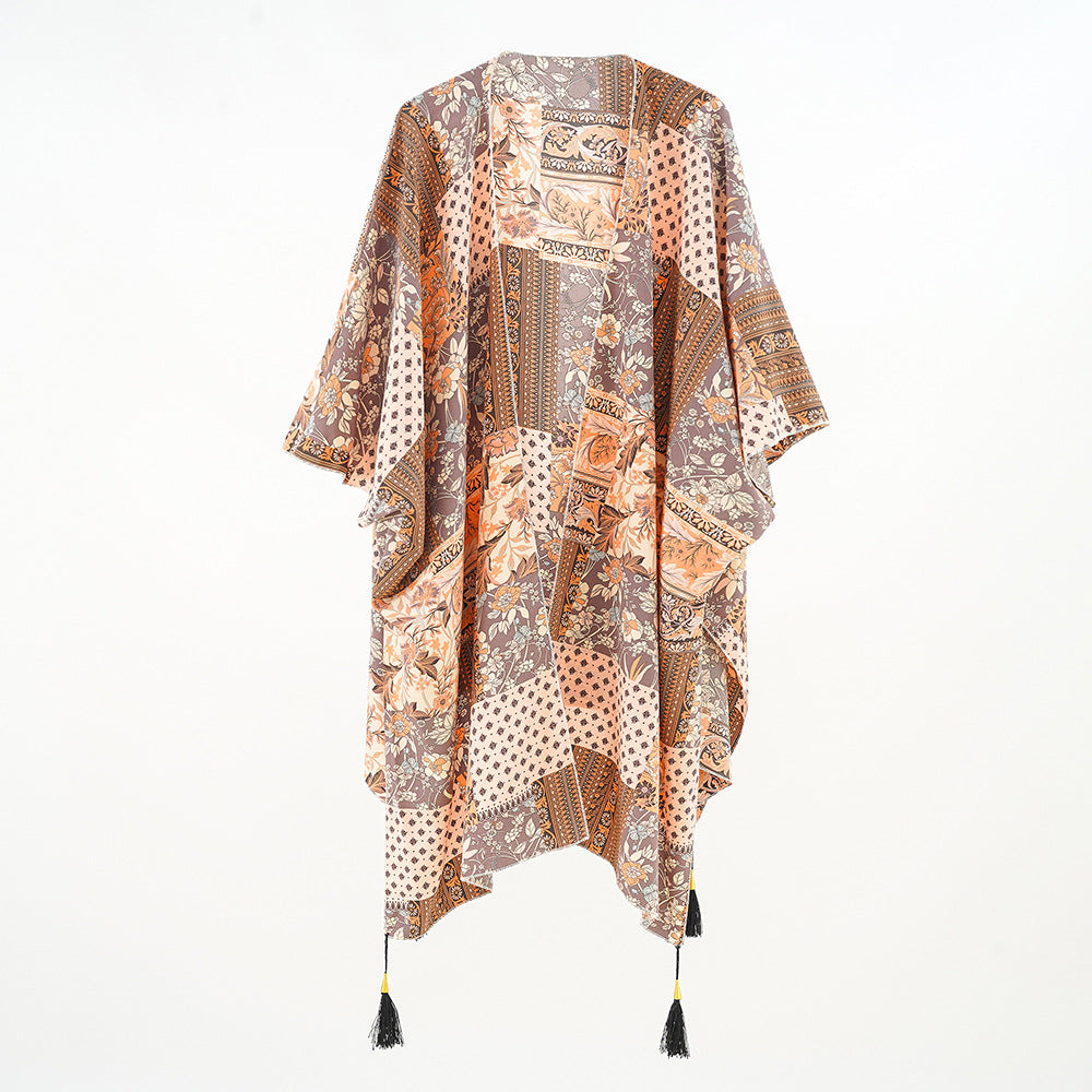Women Kaftan Overlay with Patchwork Floral Print and Tassels Mune Fashion