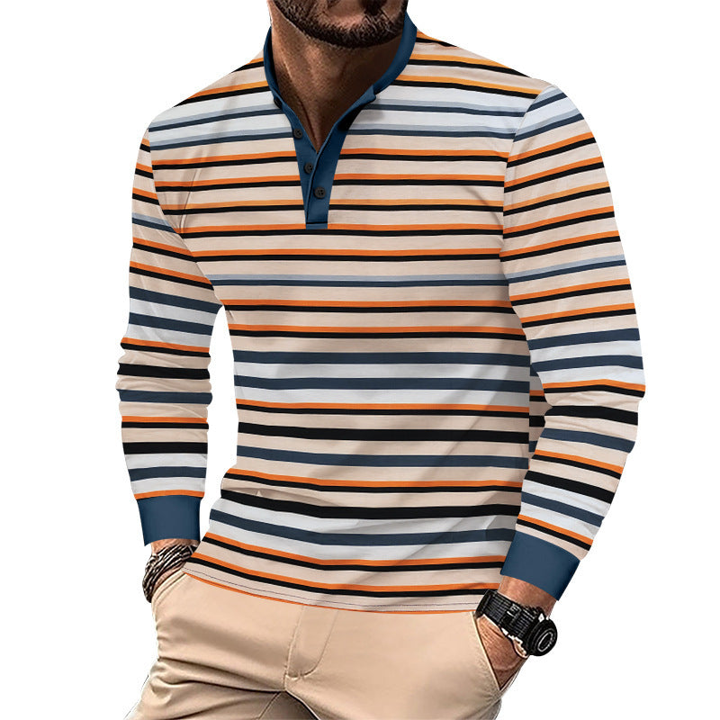 Men's striped long-sleeve Henley shirt with stand-up collar, slim fit and elastic cotton mix Mune Fashion