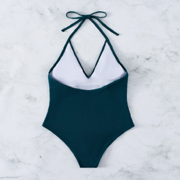 Women One-Piece Swimsuit with Deep V-Neck and Fashionable Ruffle Design Mune Fashion
