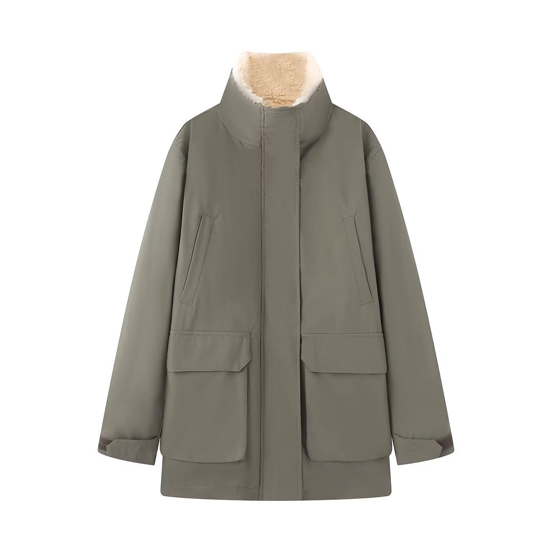 Women's Padded Parka Jacket with High Teddy Collar and Flap Pockets Mune Fashion