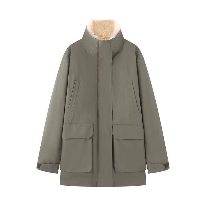 Women's Padded Parka Jacket with High Teddy Collar and Flap Pockets Mune Fashion