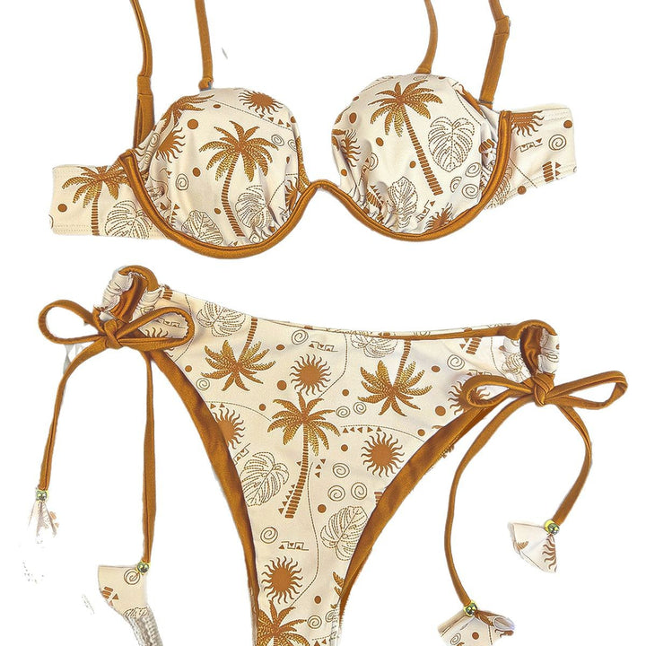 Women's triangle bikini with decorative palm print and adjustable ties Mune Fashion
