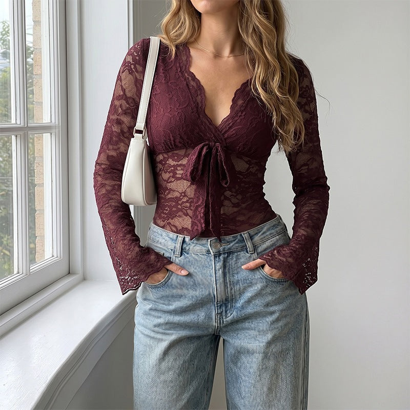 Women Playfully Cut Lace Top with Bow Detail Mune Fashion