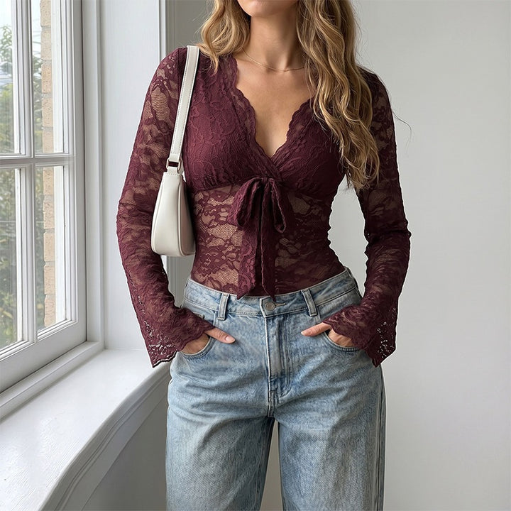 Women Playfully Cut Lace Top with Bow Detail Mune Fashion