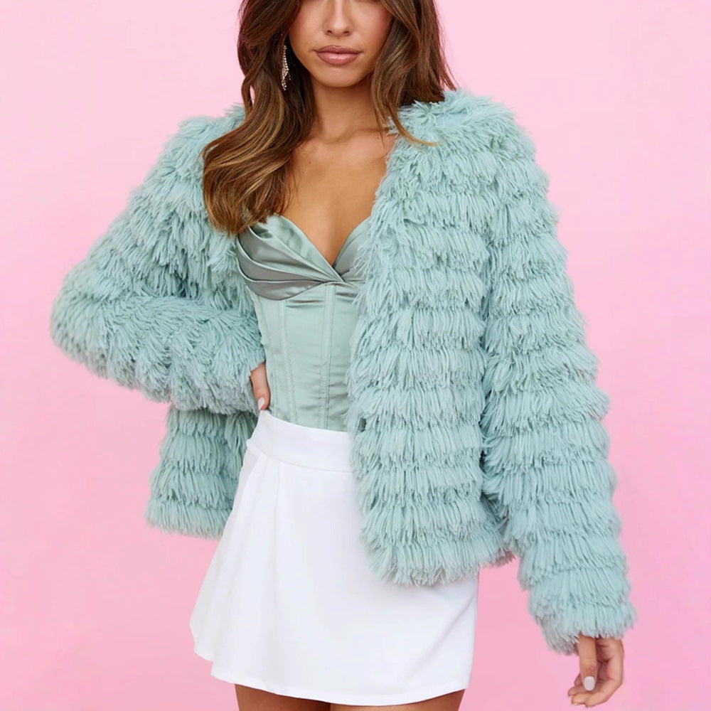 Women Midi-length Plush Coat with Fringe Structure and Open Silhouette Mune Fashion