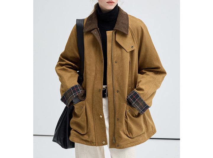 Women's Fashionable Transitional Jacket Made of Soft Material with Check Pattern Mune Fashion