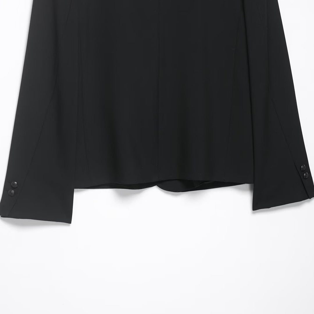 Women Two-Piece Suit Set with Short Blazer in Mandarin Collar and High-Waist Wide-Leg Pants Mune Fashion