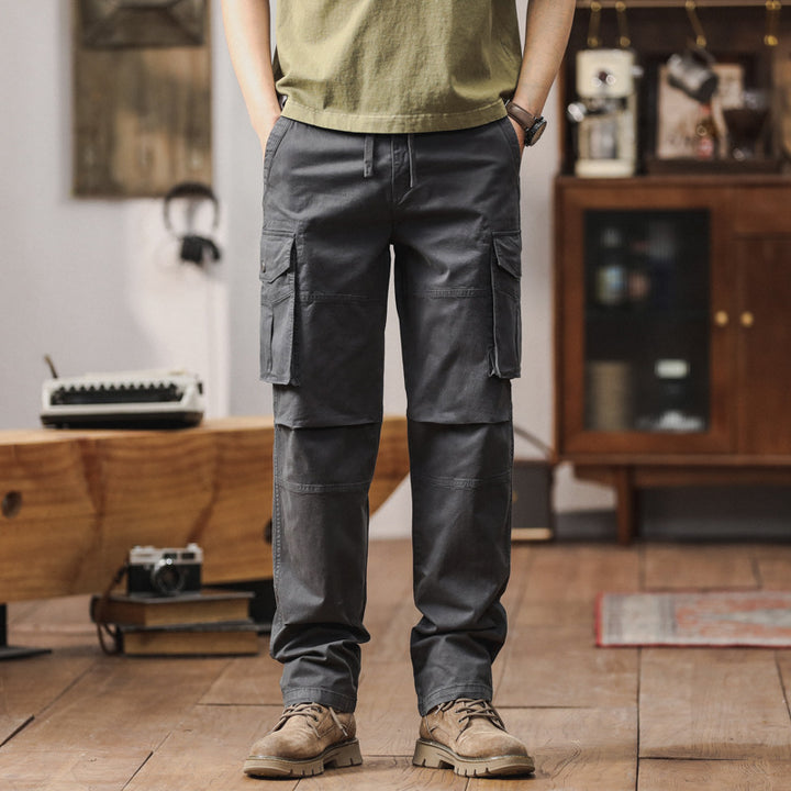 Herren Gerade geschnittene Canvas-Cargohose mit Klapp-Utility-Taschen und Kordelbund Mune Fashion