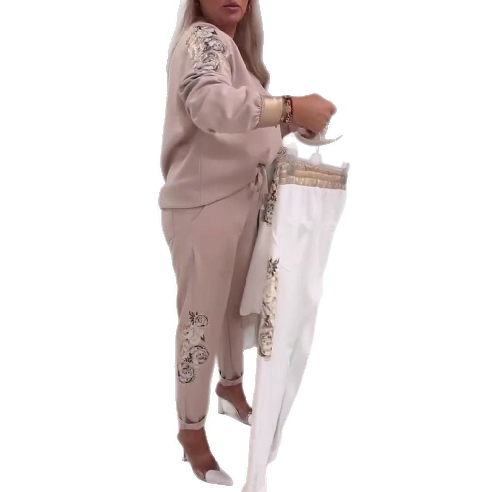Women’s casual jogging pants with side rose embroidery, elastic comfort waistband, and drawstring Mune Fashion
