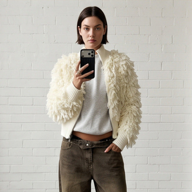 Women's short cardigan with fluffy bouclé look, zipper and wide ribbed hem Mune Fashion