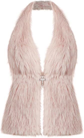 Women's Sleeveless Cropped Faux Fur Set with Mini Skirt and Fluffy Cuffs Mune Fashion