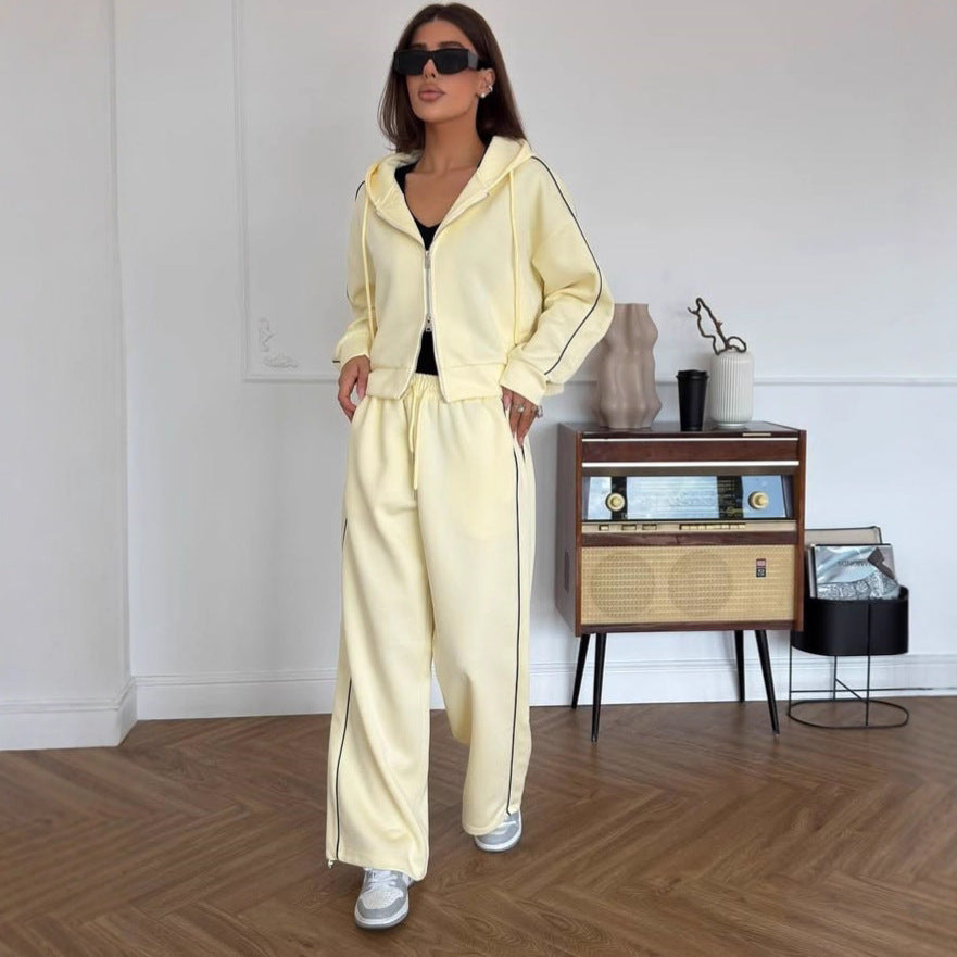 Women's Casual Two-Piece Lounge Set with Oversized Zip Jacket and Wide Drawstring Pants Waist Mune Fashion