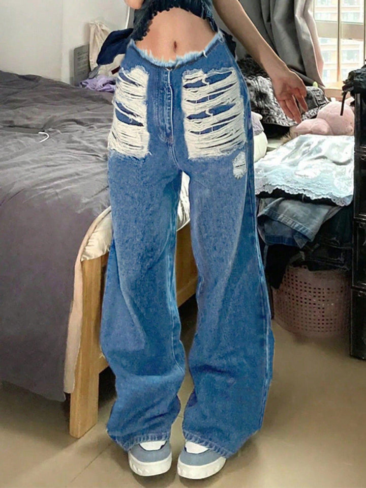Women's high-cut wide denim jeans with heavily distressed front and raw waistband Mune Fashion
